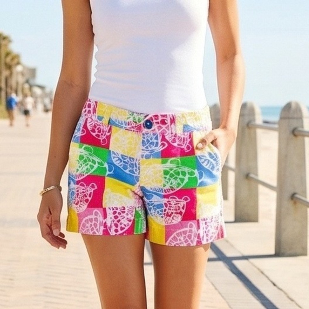 Lilly Pulitzer 4 Callahan Shorts Multi Sea Turtles Patchwork Cotton Colorful